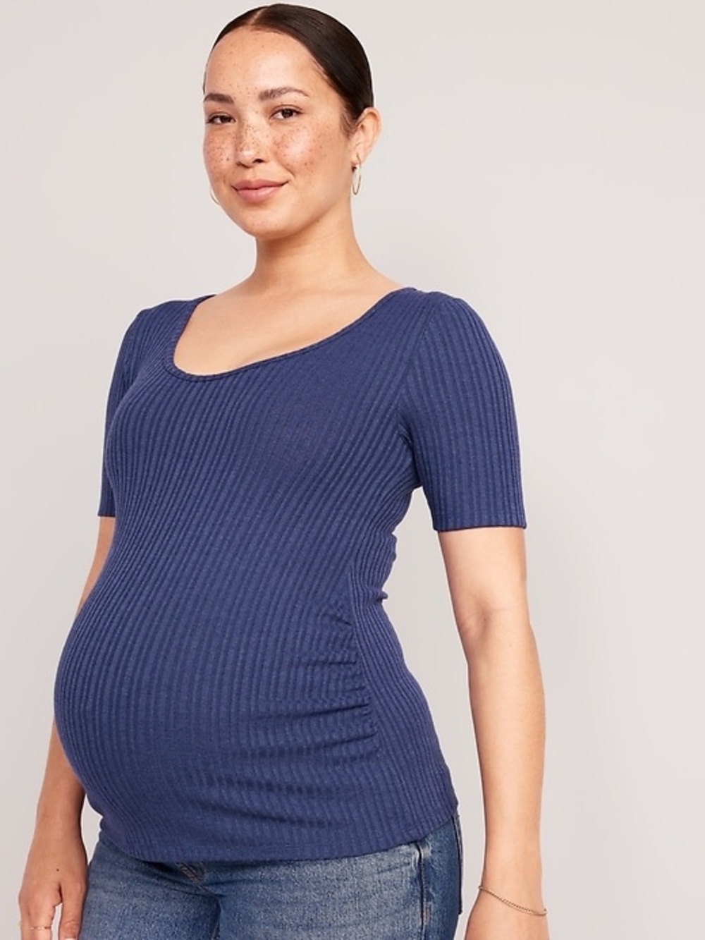 Ribbed Scoop Neck Maternity Short Sleeve Top - Navy Blue